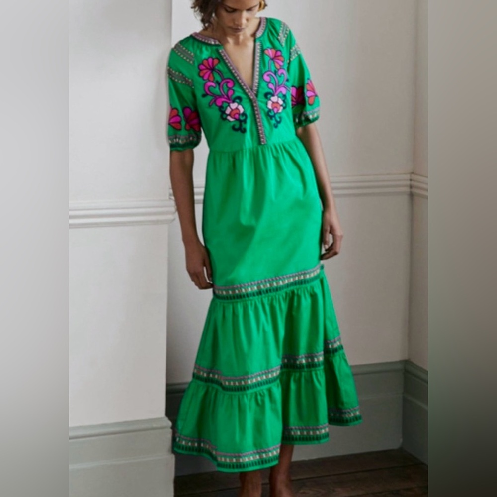 Boden Natalie embroidered maxi dress size 8 green pink - Picture 1 of 5